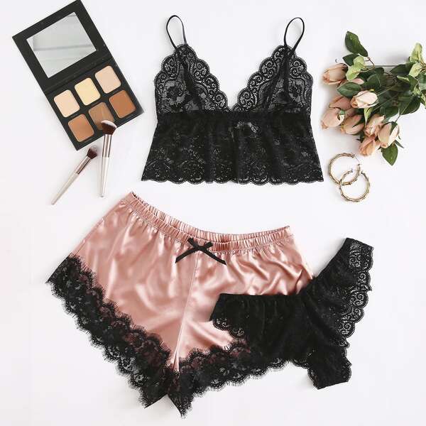 

3pack Plus Floral Lace Satin Lingerie Set, Multicolor