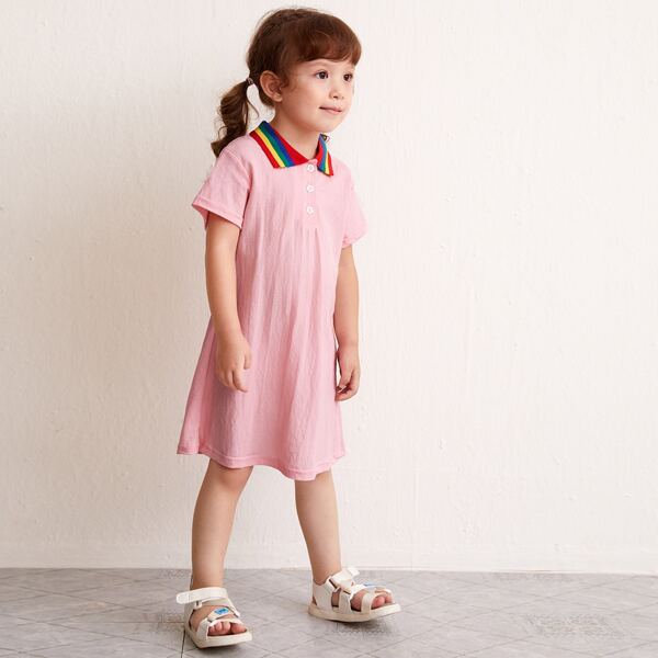 

Toddler Girls Rainbow Striped Button Front Shirt Dress, Baby pink