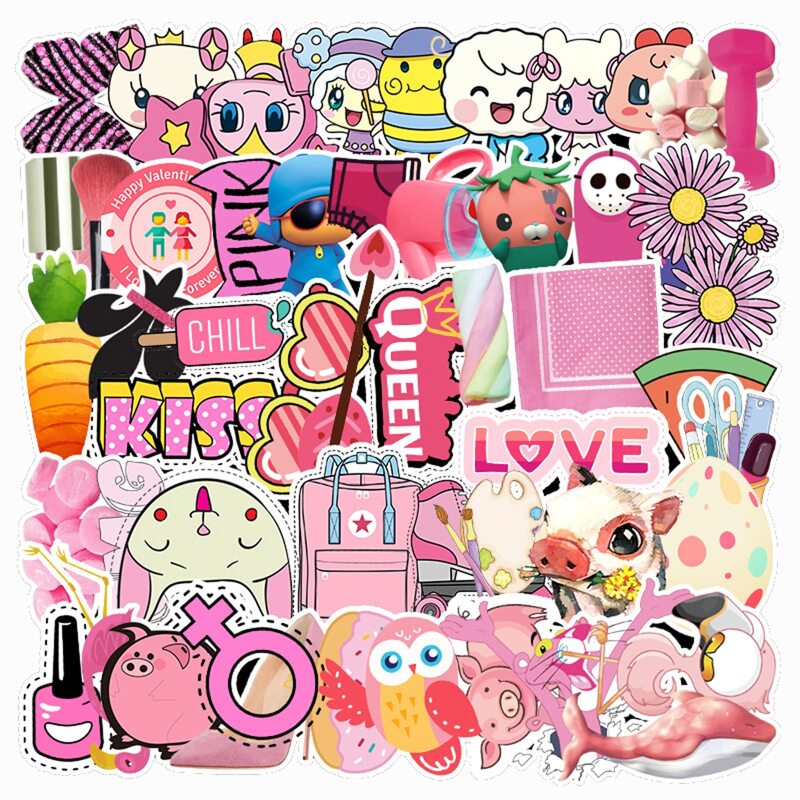 

52pcs Cartoon Pink Sticker, Multicolor