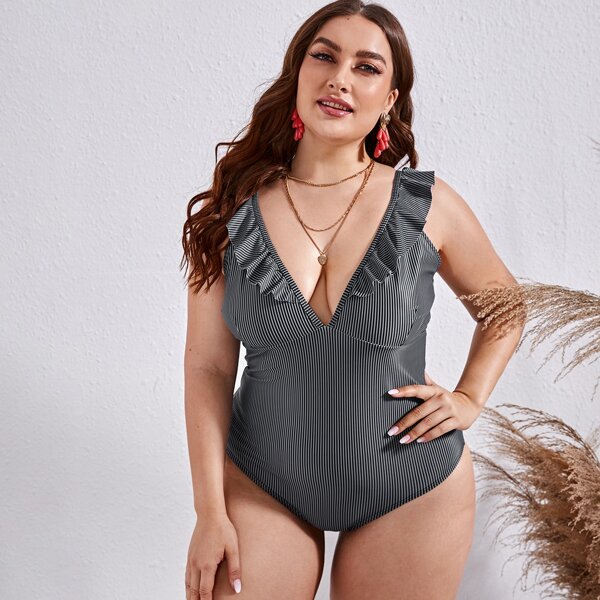 

Plus Striped Ruffle Trim One Piece Swimsuit, Black