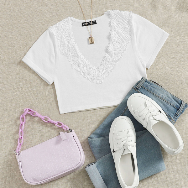 

Lace Trim Rib-knit Crop Top, White