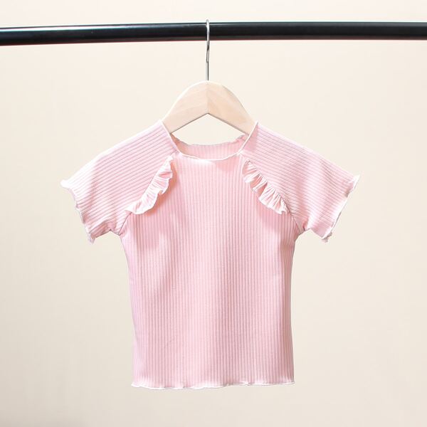 

Toddler Girls Solid Lettuce Trim Rib-knit Tee, Baby pink