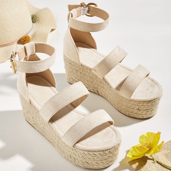 

Double Band Ankle Strap Suede Espadrille Wedges, Beige