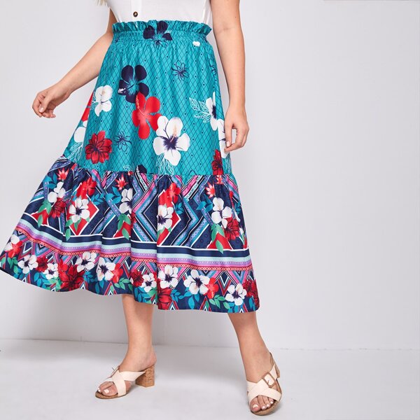 

Plus Floral Print Paper Bag Waist Ruffle Hem Skirt, Multicolor