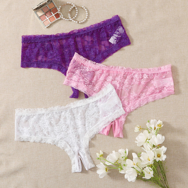 

3pack Plus Floral Lace Crotchless Panty Set, Multicolor