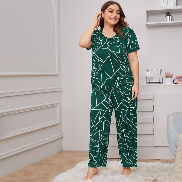 

Plus Geo Print Pants PJ Set, Dark green