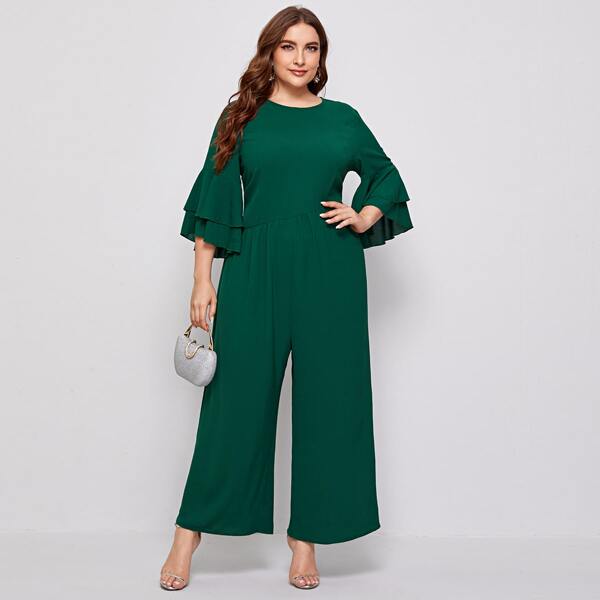 

Plus Layered Flounce Sleeve Jumpsuit, Green