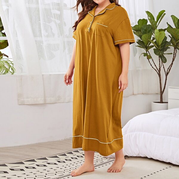 

Plus Contrast Piping Pocket Patched Sleepshirt, Mustard yellow
