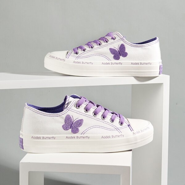 

Butterfly Embroidered Lace-up Canvas Sneakers, White