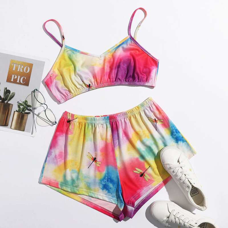 

Tie Dye Dragonfly Print Cami PJ Set, Multicolor