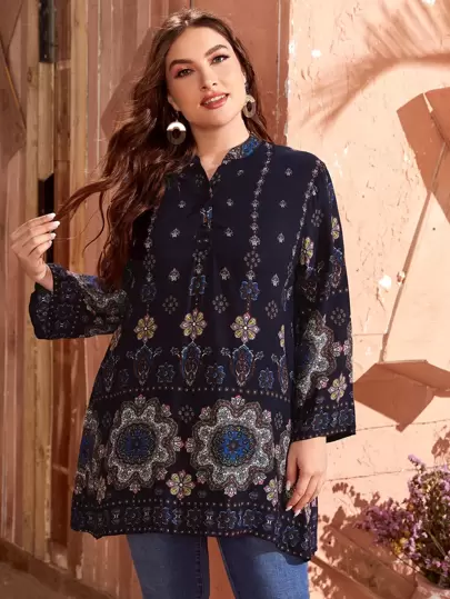 Lacomfia 大碼曼陀羅圖案缺口領襯衫