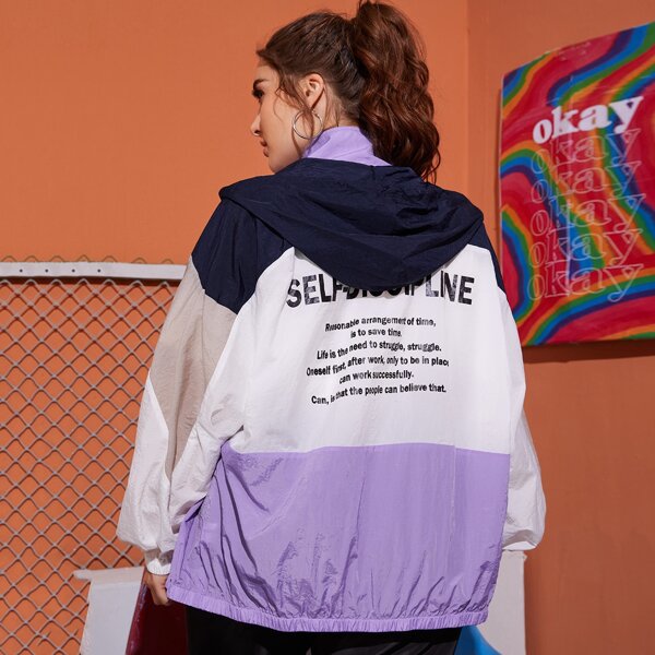 

Plus Slogan Graphic Colorblock Zipper Placket Hooded Jacket, Multicolor
