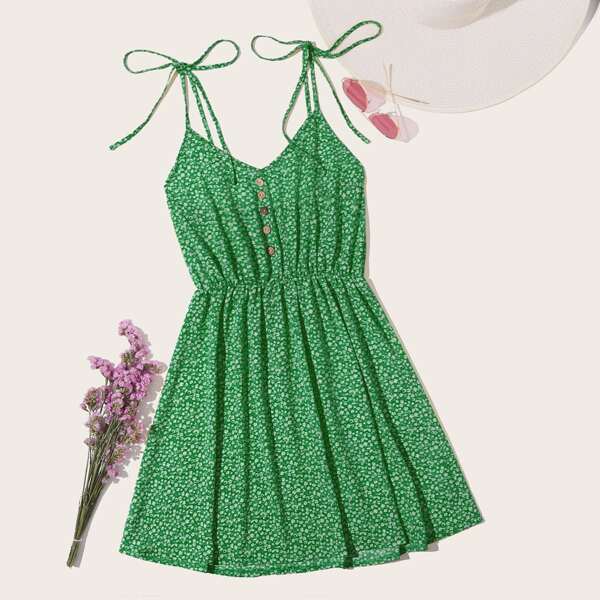 

Plus Ditsy Floral Half Button Cami Dress, Green