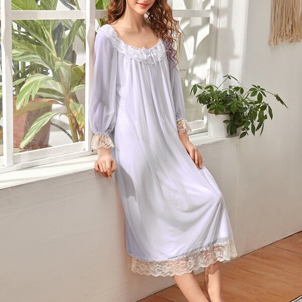 

Lace Trim Bow Front Night Dress, Lilac purple