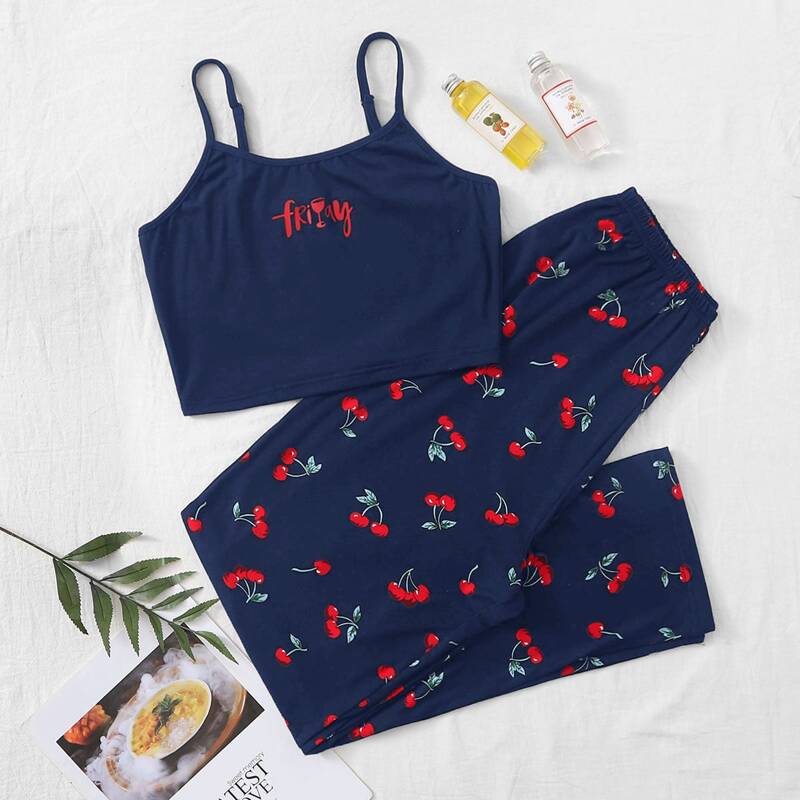 

Cherry And Letter Print Pajama Set, Navy blue