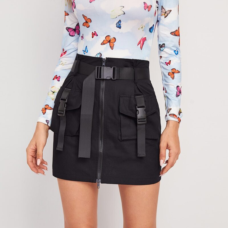 

Buckle Belted Zip Up Utility Skirt, Black