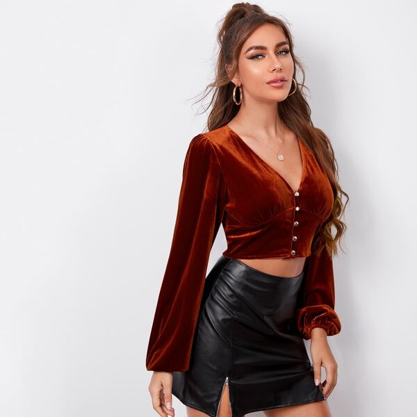 

Velvet Bishop Sleeve Button Up Top, Rust brown