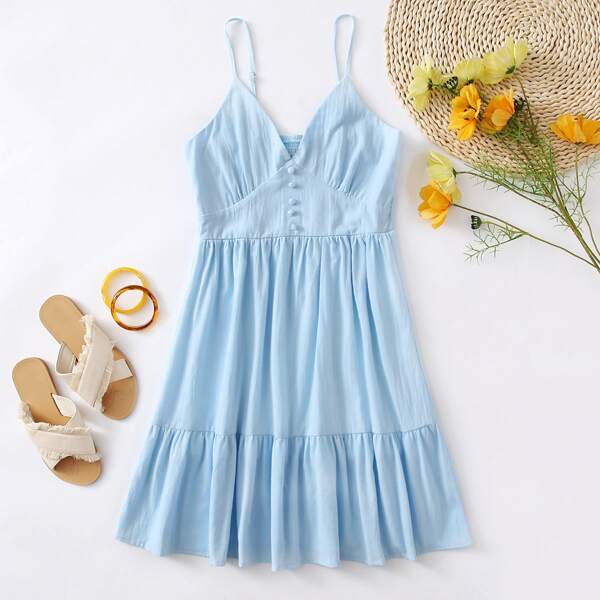 

Button Front Shirred Back Ruffle Hem Cami Dress, Baby blue
