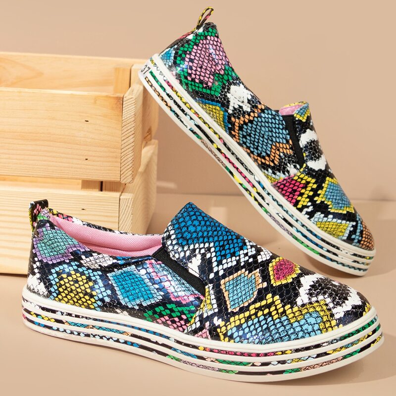 

Snakeskin Print Slip On Sneakers, Multicolor