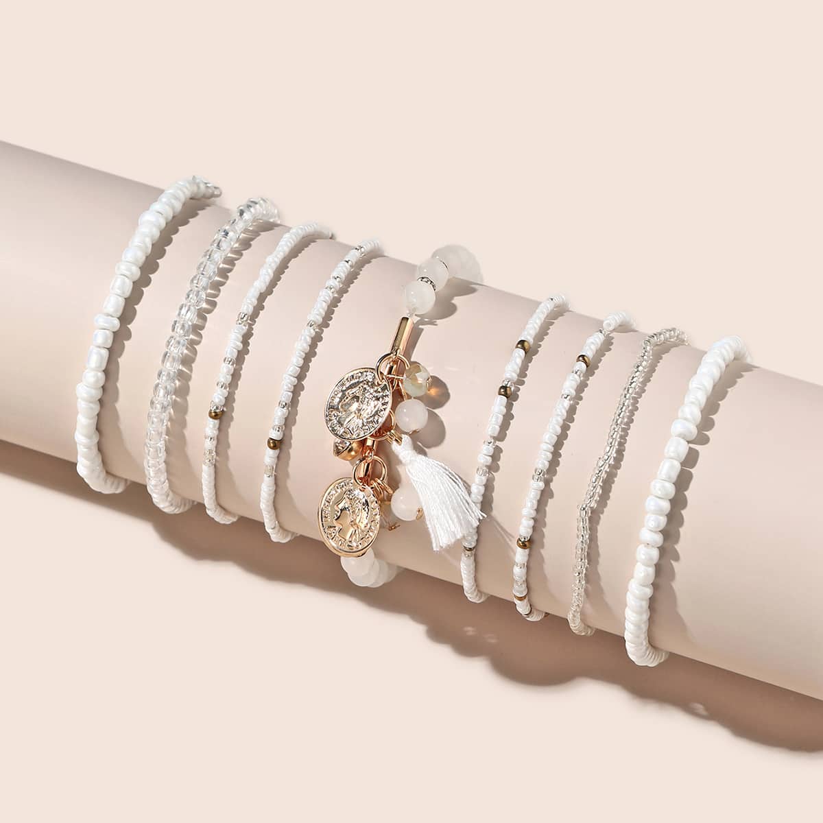 

9pcs Tassel Charm Beaded Bracelet, White