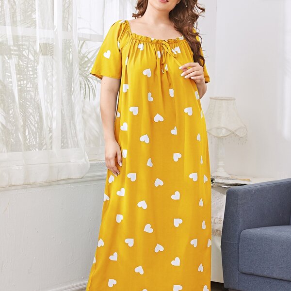 

Plus Heart Print Frill Trim Knot Front Night Dress, Yellow