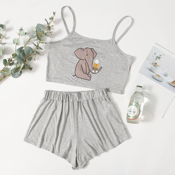 

Cartoon Graphic Cami PJ Set, Light grey