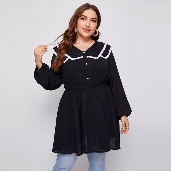 

Plus Peter Pan Collar Half Button Peplum Blouse, Black