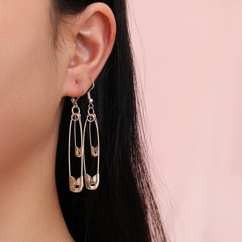 

2pairs Safety Pin Drop Earrings, Silver