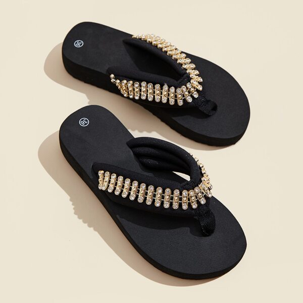 

Rhinestone Chain Decor Toe Post Slides, Gold
