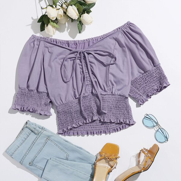 

Plus knot Front Shirred Bardot Top, Lilac purple