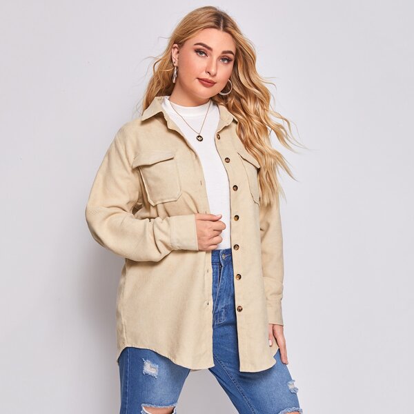 

Plus Flap Pocket Button Through Cord Shacket, Beige