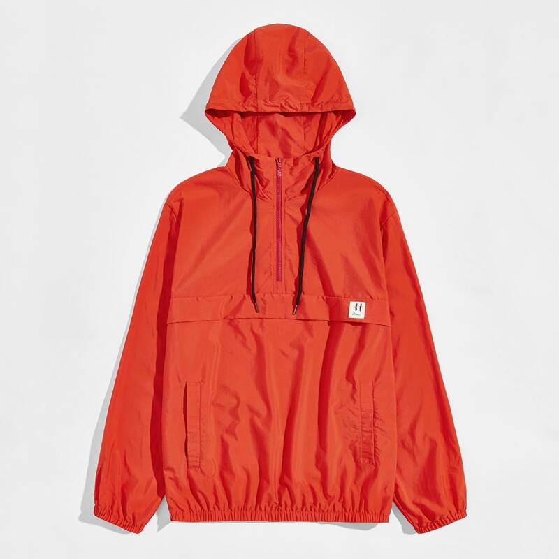 

Guys Patched Detail Half Zipper Placket Drawstring Hooded Wind Jacket, Orange bright