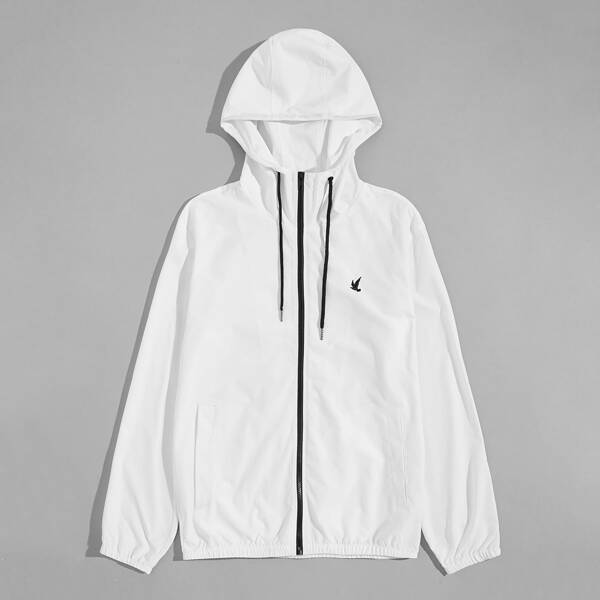 

Men Embroidery Detail Zipper Placket Drawstring Hooded Jacket, White