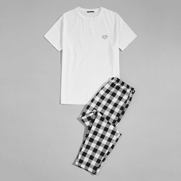 

Men Diamond Print Top & Gingham Pants PJ Set, Black and white