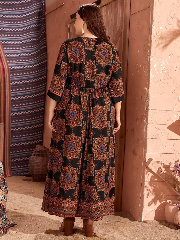 Plus Mandala Print V-neck Smock Dress