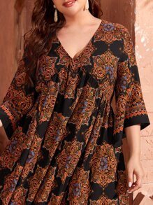 Lacomfia Plus Mandala Print V-neck Smock Dress