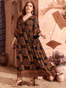 Lacomfia Plus Mandala Print V-neck Smock Dress