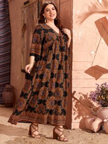 Lacomfia Plus Mandala Print V-neck Smock Dress