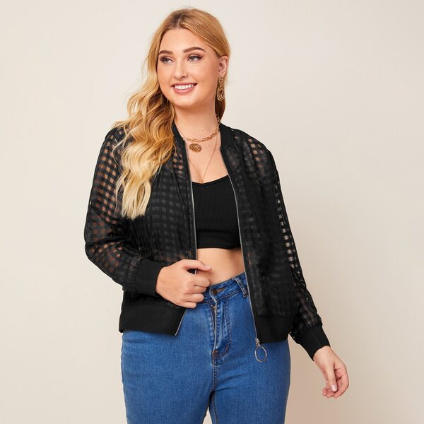 

Plus Plaid Mesh Zipper Placket Bomber Jacket, Black