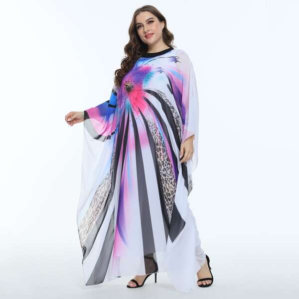 

Plus Floral & Leopard Print Kaftan Dress, Multicolor