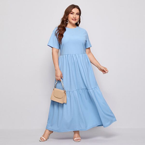 

Plus Solid Ruffle Hem Smock Dress, Baby blue