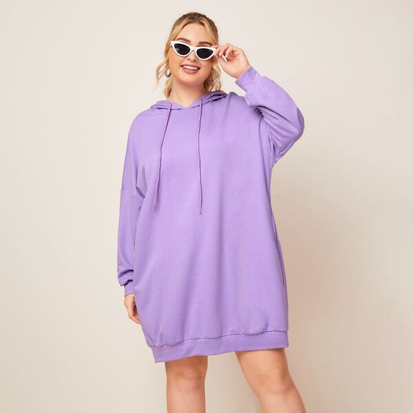 

Plus Drop Shoulder Drawstring Hooded Sweatshirt Dress, Pastel lilac purple
