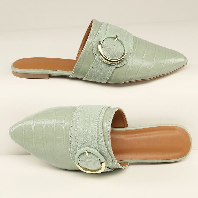 

Faux Croc Leather Buckled Flat Slippers, Mint green