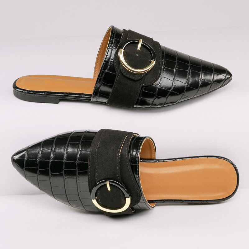 

Fake Croc Leather Pointed Toe Flat Mules, Black