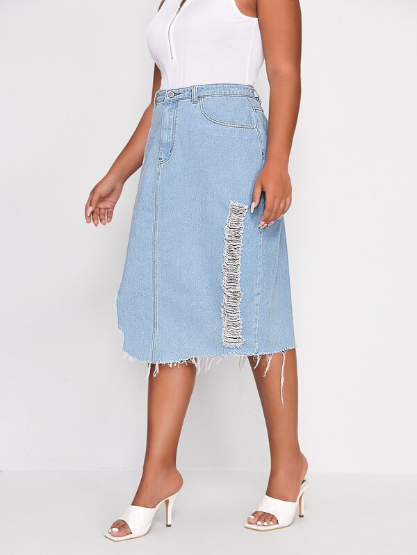 Jupes En Jean Grande Taille Fermeture Eclair Casual Unicolore Mode En Ligne Shein France