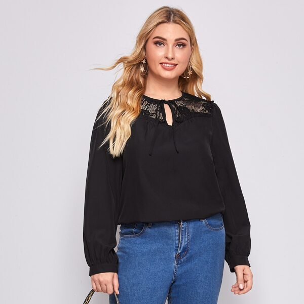 

Plus Lace Panel Tie Neck Blouse, Black