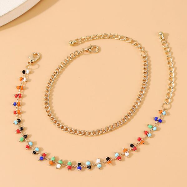 

2pcs Beaded & Chain Bracelet, Multicolor