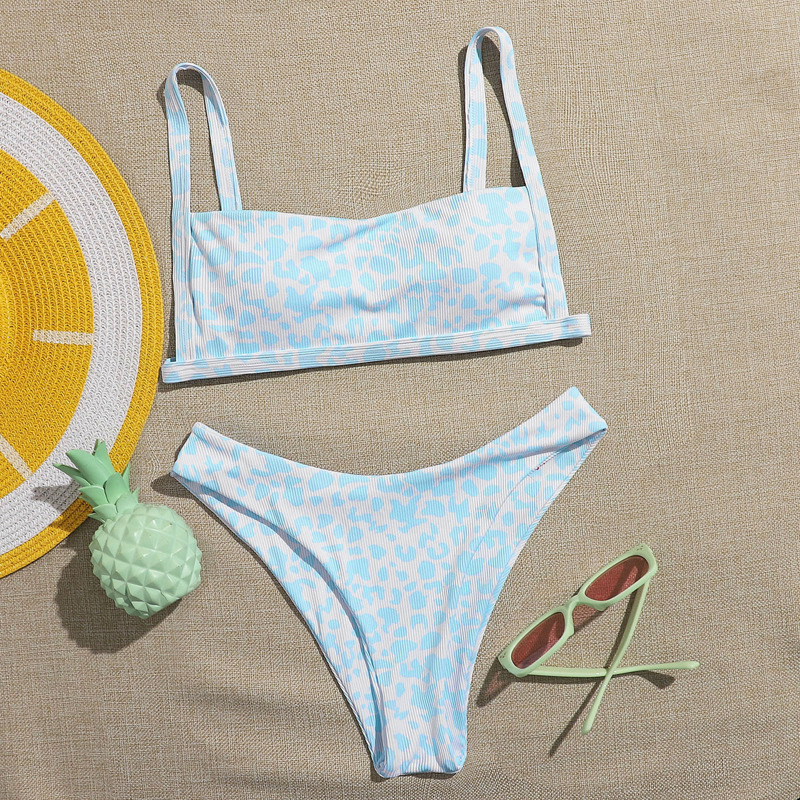 

Leopard High Leg Bikini Swimsuit, Blue and white