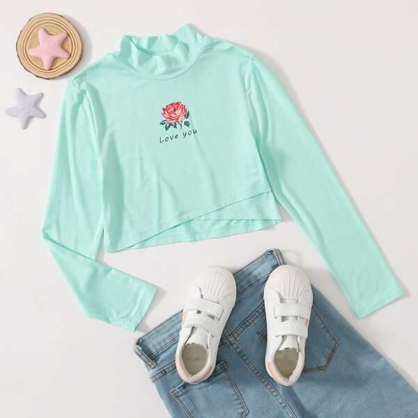 

Girls Mock Neck Cross Wrap Floral & Letter Print Tee, Mint green