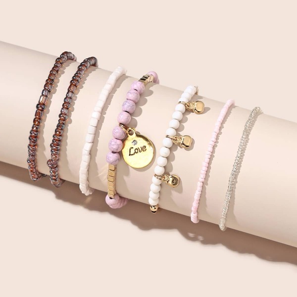 

7pcs Disc Charm Beaded Bracelet, Multicolor